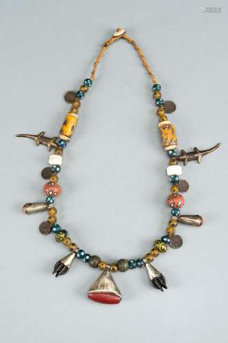 A NAGALAND MULTI-COLORED GLASS, BRASS AND SHELL NECKLACE, c....