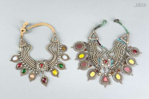 TWO TRIBAL AFGHAN MULTI-COLORED GLASS AND METAL NECKLACES, c...