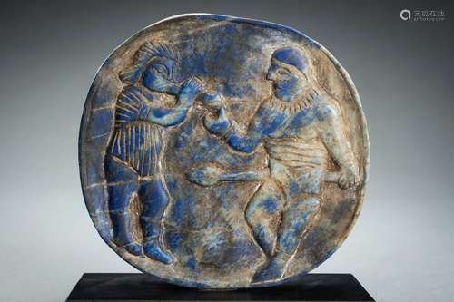 A FIGURAL LAPIS LAZULI FRIEZE WITH WARRIORS