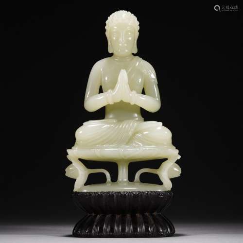 A WHITE JADE FIGURE OF BUDDHA SEATED STATUE,QING