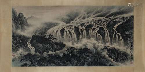 A CHINESE PAINTING OF WATERFALL AND MOUNTAINS,SIGNED GUO CHU...