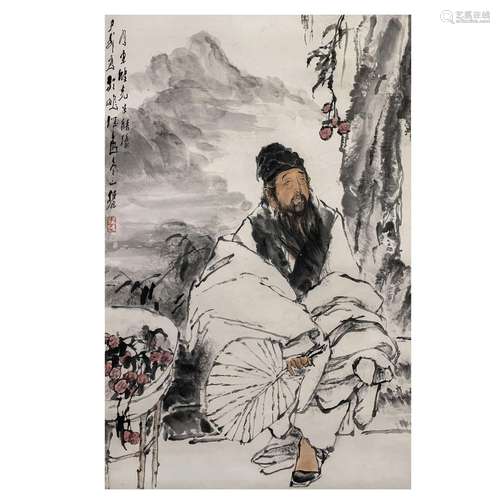 A CHINESE PAINTING OF FIGURE UNDER A TREE,SIGNED WANG ZIWU