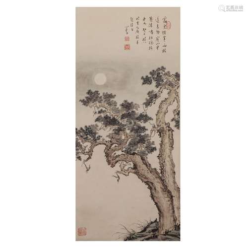 A CHINESE PAINTING OF PINE TREES,SIGNED PU RU