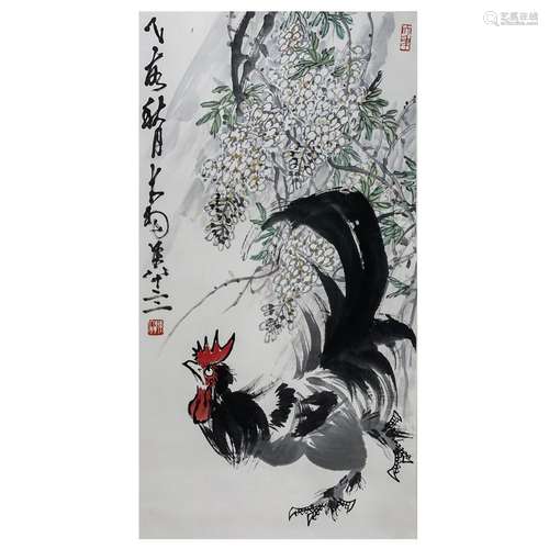 A CHINESE PAINTING OF COCK AND FLOWERS,SIGNED CHEN DAYU