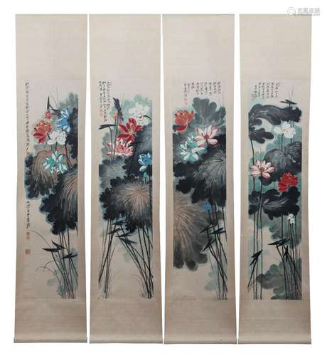 FOUR PANELS CHINESE PAINTING OF LOTUS FLOWER,SIGNED ZHANG DA...