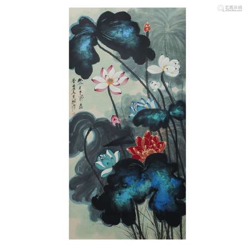 A CHINESE PAINTING OF LOTUS FLOWERS