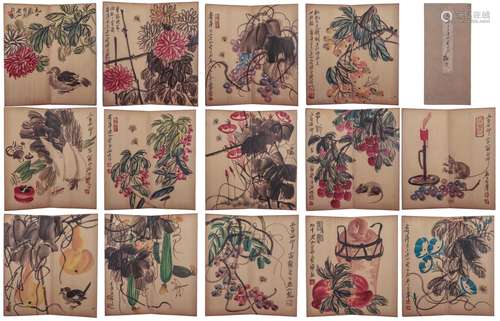 A CHINESE ALBUM PAINTING OF BIRDS AND FLOWERS,SIGNED QI BAIS...