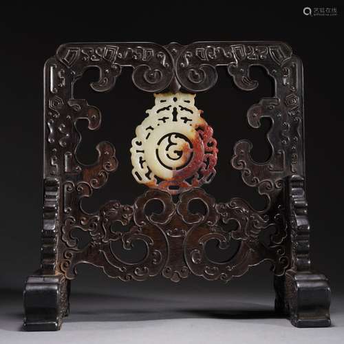 A ZITAN WOOD INLAID JADE TABLE SCREEN,QING