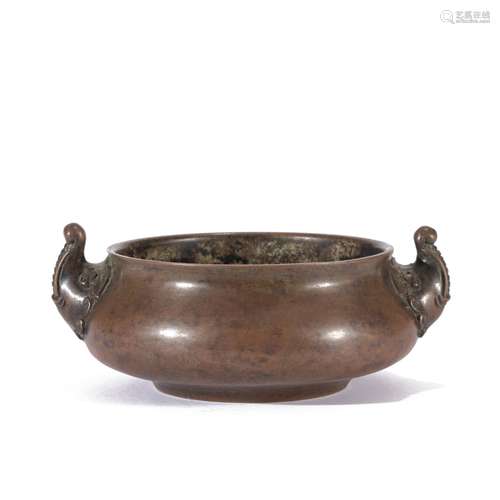 A BRONZE DOUBLE BEAST HANDLE CENSER