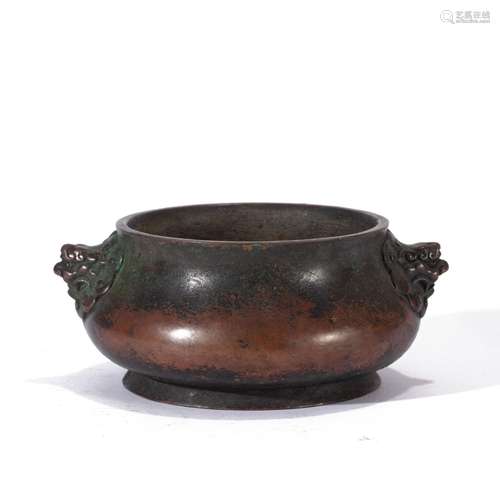 A BRONZE DOUBLE BEAST HANDLE CENSER