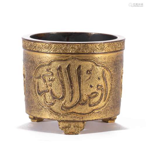 A GILT BRONZE TRIPOD ROUND CENSER