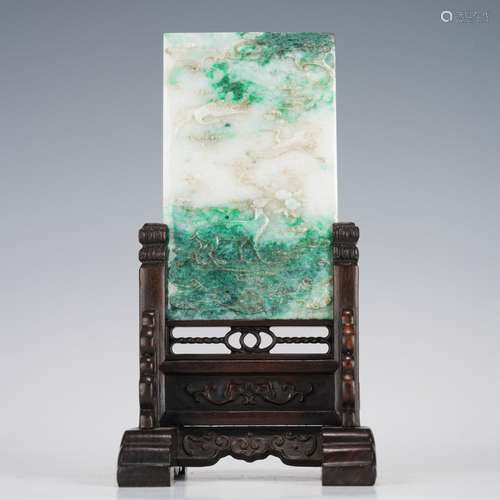 A WOODEN FRAME INLAID JADEITE TABLE SCREEN,QING