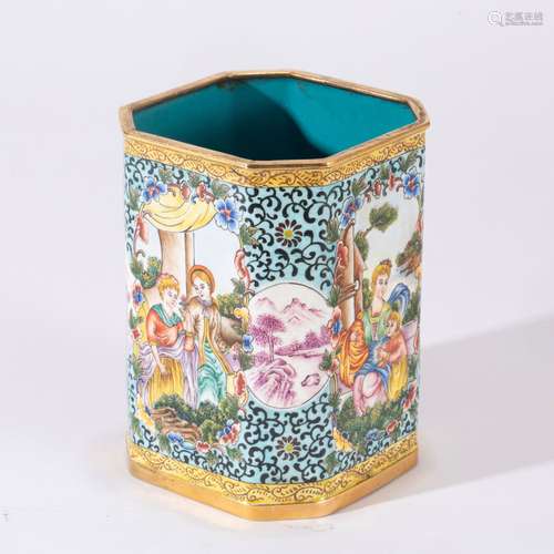 A PAINTED ENAMEL FIGURE STORY BRUSH POT