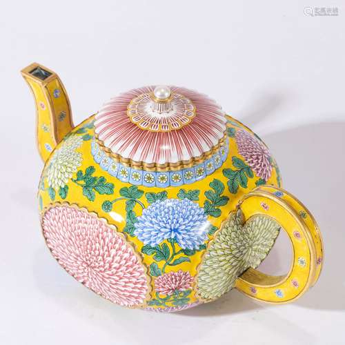 AN ENAMEL FLOWERS TEAPOT