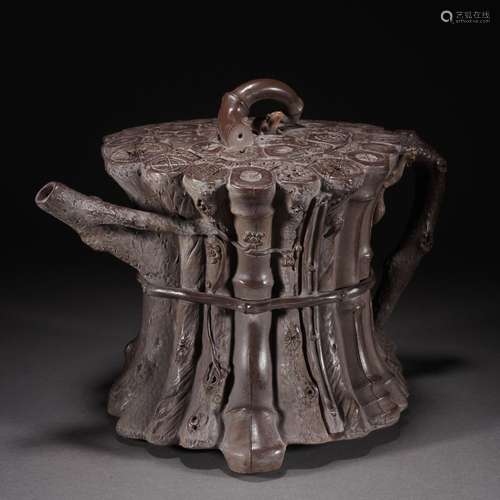 A ZISHA CLAY CARVED BAMBOO TEAPOT