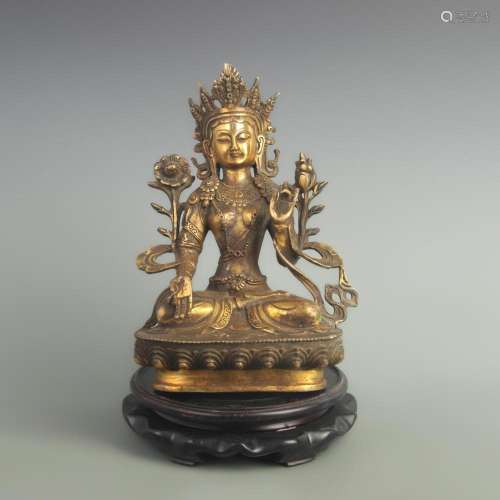 BRONZE GILT GREEN TARA STATUE