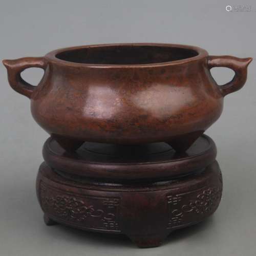 XUANDE-STYLE BRONZE TRIPOD INCENSE BURNER WITH THREE FEET AN...