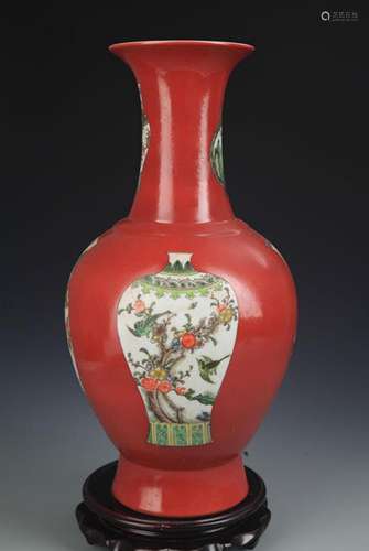 CORAL RED GROUND POLYCHROME ANTIQUE FIGURE DECORITIONAL VASE