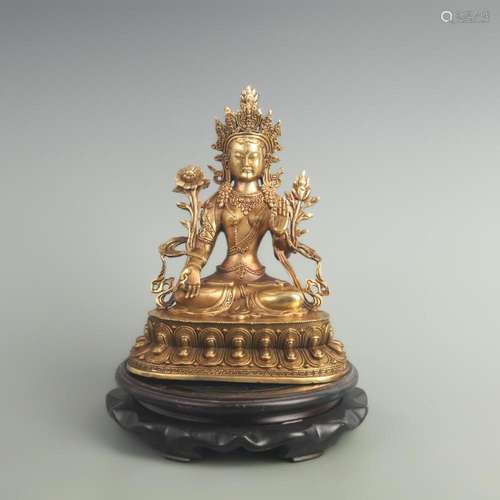 A FINE GILT BRONZE BUDDHISM GREEN TARA STATUE