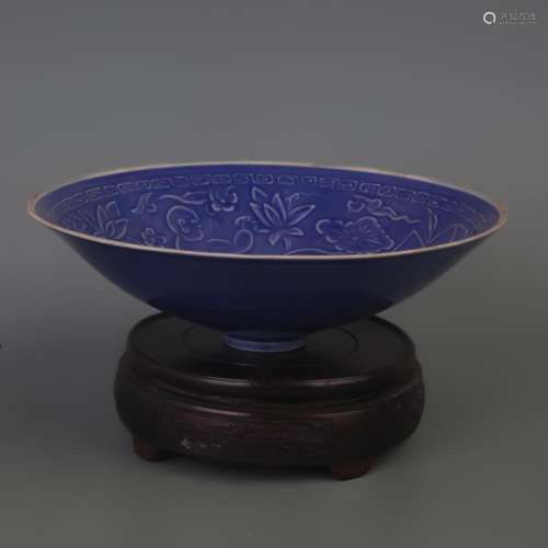 PORCELAIN BOWL WITH BLUE GALZED AND PLUM BLOSSOM FLORAL PATT...