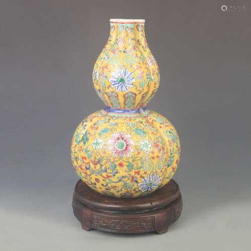 YELLOW GROUND WITH POLYCHROME THREE-TUBE VASE