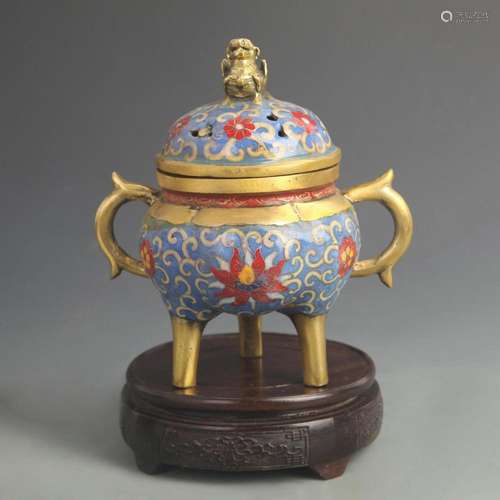 A FINE CLOISONNE ENAMEL LOTUS CARVING INCENSE BURNER