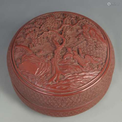 A FINE RED CARVED LACQUER MADE BOX WITH COVER
