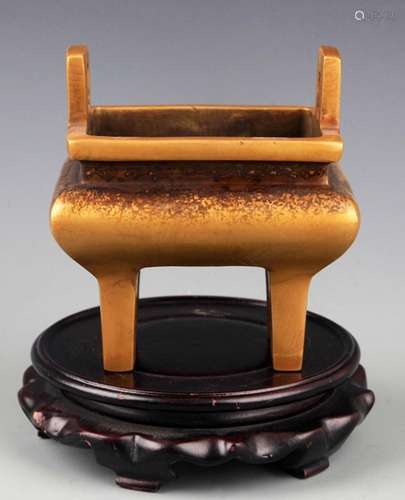 BRONZE DOUBLE-BRIDGE EAR TALL-FOOTED SQUARE CAULDRON CENSER