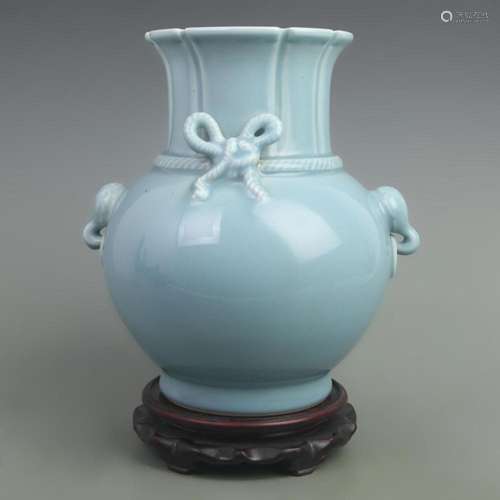 POWDER BLUE GLAZED VASE WITH BUTTERFLY KNOTS, ELEPHANT TRUNK...