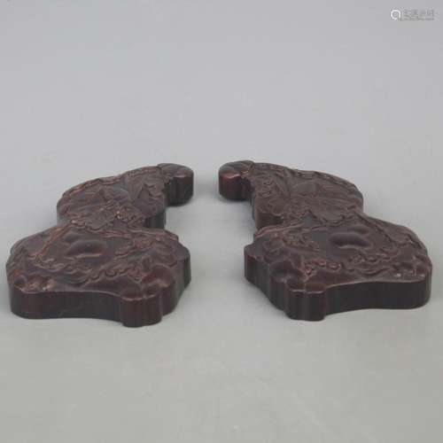 PAIR OF ANTIQUE MAHOGANY CARVED PAPERWEIGHTS WITH FU AND LU ...