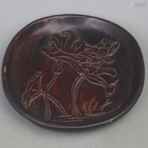 ANTIQUE MAHOGANY CARVED TRAY WITH LOTUS FLOWER PATTERN