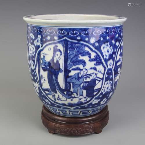 BLUE AND WHITE PORCELAIN FLOWERPOT WITH FIGURATIVE PATTERNS