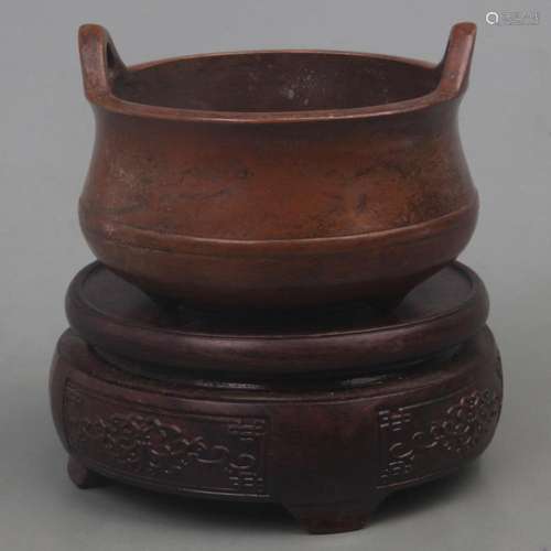 XUANDE-STYLE BRONZE TRIPOD INCENSE BURNER WITH BRIDGE-SHAPED...