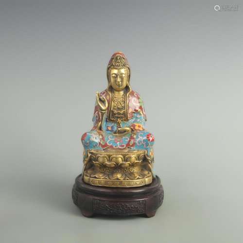 A FINE CLOISONNE ENAMEL BRONZE GUAN YIN STATUE