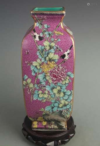 PURPLE GROUND FLORAL AND BIRD SQUARE PORCELAIN VASE