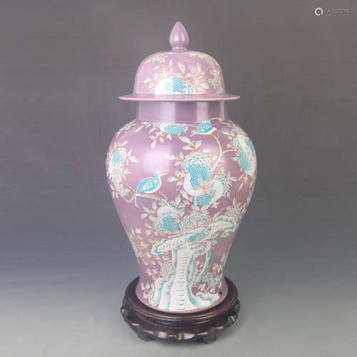 FAMILLR ROSE VASE WITH PURPLE GROUND AND AUSPICIOUS LONGEVIT...