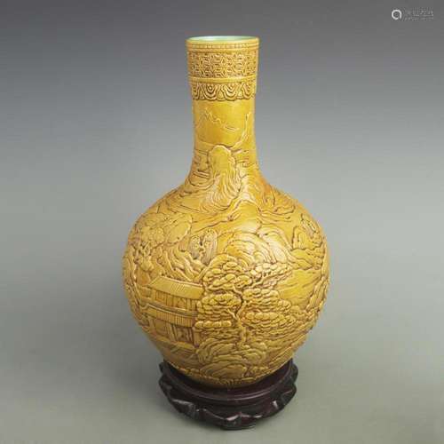 YELLOW GROUND CARVED LANDSCAPE CELESTIAL GLOBE PORCELAIN VAS...