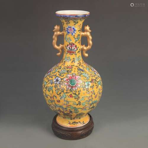 YELLOW GROUND WITH POWDERED ENAMEL VASE WITH DOUBLE ANIMAL E...