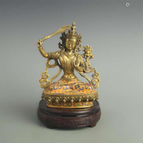 CLOISONNE AND ENAMEL STATUE OF MANJUSHRI BODHISATTVA