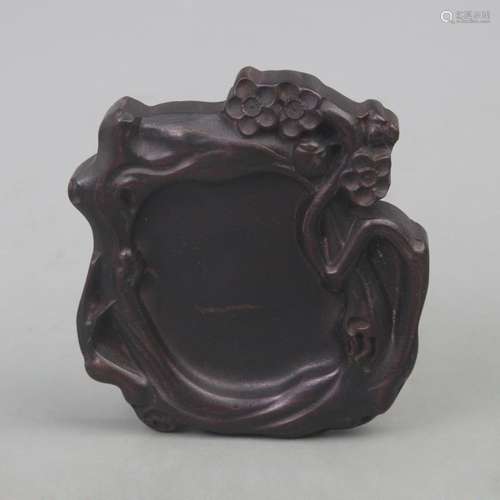 OLD ROSEWOOD CARVED INKSTONE WITH FLORAL PATTERN