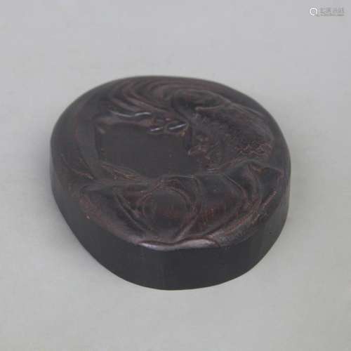 OLD ROSEWOOD CARVED INKSTONE WITH FISH PATTERN