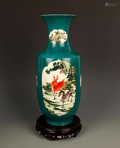 A BLUE GROUND FAMILLE ROSE COLOR ANIMAL PAINTING VASE