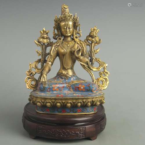 A FINE CLOISONNE ENAMEL BRONZE GREEN TARA STATUE