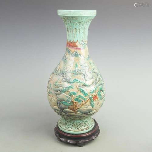 FAMILLE ROSE LANDSCAPING CARVING PORCELAIN VASE