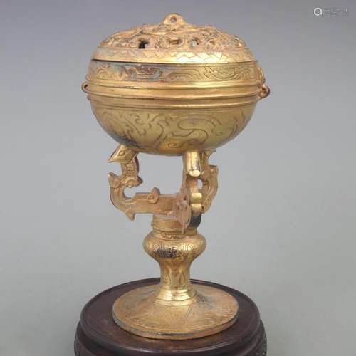 A FINE GILT BRONZE HIGH FOOTED INCENSE BURNER WITH DRAGON PA...