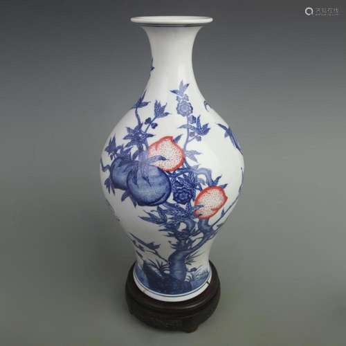 BLUE AND WHITE UNDERGLAZE RED LONGEVITY AND FORTUNE OLIVE-SH...