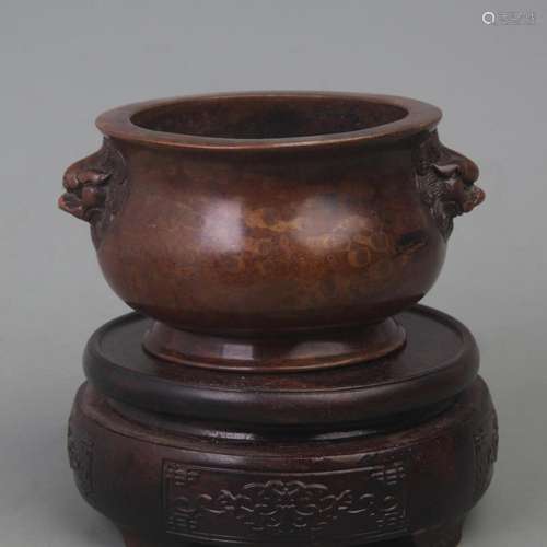 A BRONZE LION-EAR ROUND-FOOTED CENSER