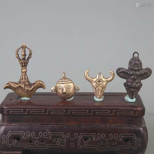 TIBETAN BUDDHIST STATUES AND RITUAL IMPLEMENTS (4 PIECES)