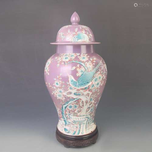 A PURPLE GROUND FAMILLE ROSE GENERAL STYLE VASE