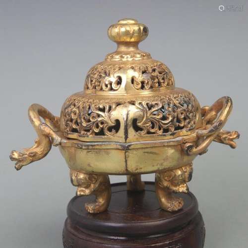 BRONZE GILT DRAGON EAR SUNFLOWER-SHAPED INCENSE BURNER